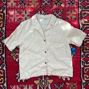Khaki Beige Linen Short Sleeve Button-Up Shirt